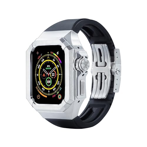 RACINGPREMIUM] Haute Couture AppleWatch Ultra 1/2, 49mm Premium Stahlband + Gehäuse, Edelstahl-Titan, Metall-Schutzgehäuse für Apple Watch Ultra (For AppleWatch 49mm, Spur silber) von RACINGPREMIUM