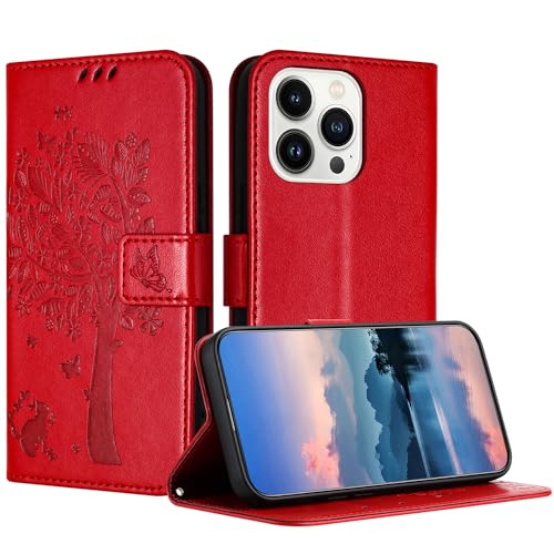 RADOO Handyhülle für iPhone 15 Pro[6.1-Inch] Hülle Leder für Klappbar PU Leder Tasche Flip Wallet Stoßfeste Case Schutzhülle Klapphülle für iPhone 15 Pro Hülle Lederhülle(Rot) von RADOO
