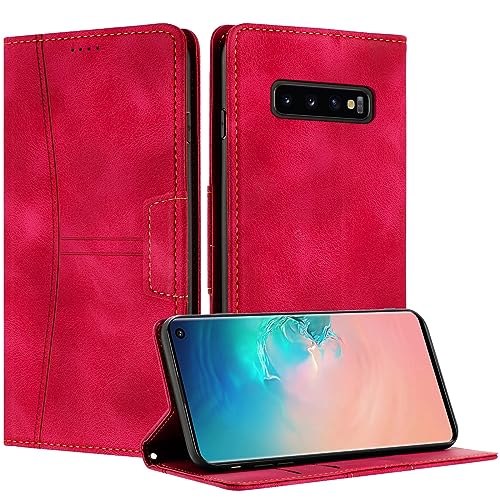 RADOO Kompatible Samsung Galaxy S10 Hülle, Faltbare PU Premium Leder Flip Handyhülle mit Kartensteckplatzständer Magnetverschluss Stoßfeste Lederhülle (Rot) von RADOO