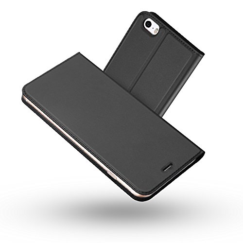 RADOO iPhone 5/5S/SE Hülle, Premium PU Leder Handyhülle Brieftasche-Stil Magnetisch Klapphülle Etui Brieftasche Hülle Schutzhülle Tasche für Apple iPhone 5/iPhone 5S/iPhone SE (Schwarz grau) von RADOO