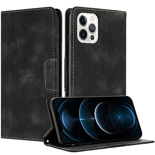RADOO Kompatible iPhone 12 Pro Max Hülle, Faltbare PU Premium Leder Flip Handyhülle mit Kartensteckplatzständer Magnetverschluss Stoßfeste Lederhülle (Schwarz) von RADOO
