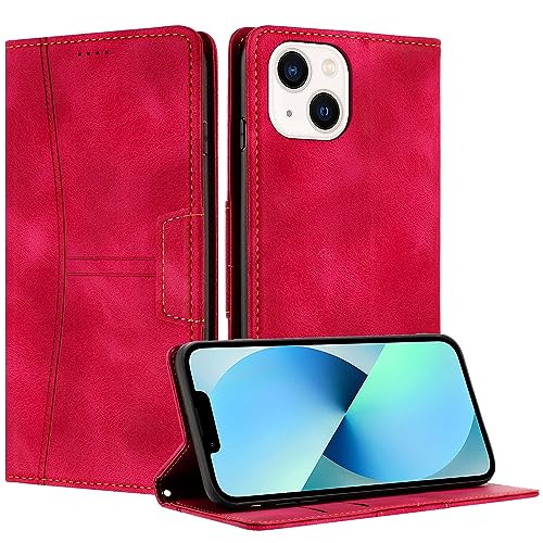 Radoo Kompatible iPhone 15 Hülle, Faltbare PU Premium Leder Flip Handyhülle mit Kartensteckplatzständer Magnetverschluss Stoßfeste Lederhülle (Rot) von RADOO