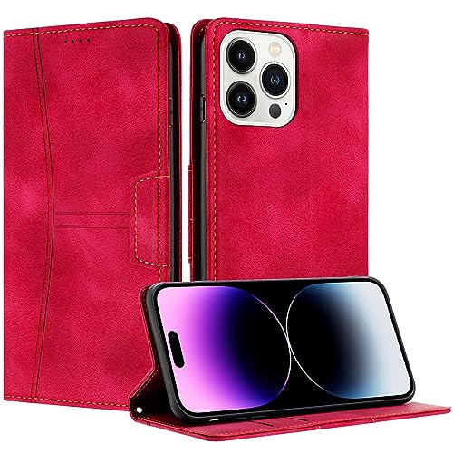 RADOO Kompatible iPhone 15 Pro Hülle, Faltbare PU Premium Leder Flip Handyhülle mit Kartensteckplatzständer Magnetverschluss Stoßfeste Lederhülle (Rot) von RADOO