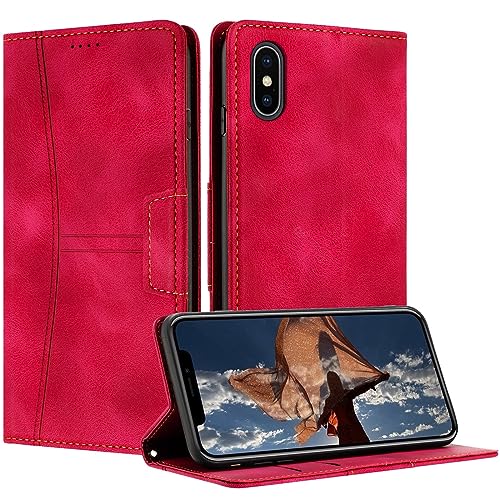 Radoo Kompatible iPhone XS/iPhone X Hülle, Faltbare PU Premium Leder Flip Handyhülle mit Kartensteckplatzständer Magnetverschluss Stoßfeste Lederhülle (Rot) von RADOO