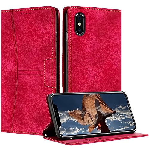 RADOO Kompatible iPhone XS/iPhone X Hülle, Faltbare PU Premium Leder Flip Handyhülle mit Kartensteckplatzständer Magnetverschluss Stoßfeste Lederhülle (Rot) von RADOO