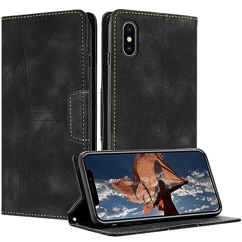 RADOO Kompatible iPhone XS Max Hülle, Faltbare PU Premium Leder Flip Handyhülle mit Kartensteckplatzständer Magnetverschluss Stoßfeste Lederhülle (Schwarz) von RADOO