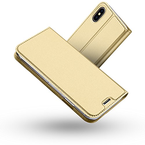 Radoo iPhone X Hülle, Premium PU Leder Handyhülle Brieftasche-Stil Magnetisch Folio Flip Klapphülle Etui Brieftasche Hülle Schutzhülle Tasche Case Cover für Apple iPhone X/XS (2017) (Gold) von RADOO
