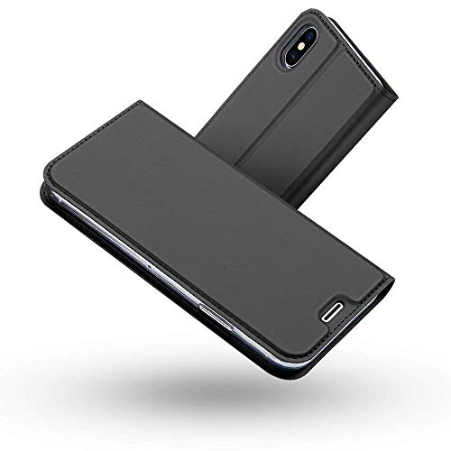 Radoo iPhone XS Max Hülle, Premium PU Leder Handyhülle Brieftasche-stil Magnetisch Folio Flip Klapphülle Etui Brieftasche Hülle Schutzhülle Tasche Case Cover für Apple iPhone XS Max (Schwarzgrau) von RADOO