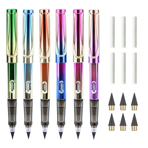 RAFIYU Ewiger Bleistift Set,6 Stück Metall Tintenlose Bleistifte mit Radiergummi, Magic Pencil mit 6 Stück Wechselkopfm, Unendlicher Bleistift für Kinder Studenten Erwachsene Künstler Maler von RAFIYU