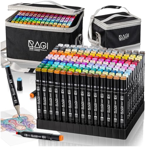 RAGI Alkoholmarker Set - 168 Marker Filzstifte, Twinmarker Stifte für Künstler, Manga, Schule und Malbuch, Alkohol Stifte mit Zwei Spitzen, Hochpigmentierte Farben, Perfekt für Kinder und Erwachsene RAGI Alkoholmarker Set - 168 Marker Filzstifte, Twinmarker Stifte für Künstler, Manga, Schule und Malbuch, Alkohol Stifte mit Zwei Spitzen, Hochpigmentierte Farben, Perfekt für Kinder und Erwachsene von RAGI