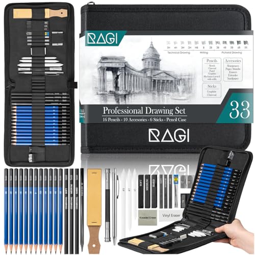 RAGI Bleistifte zum Zeichnen Set - 33-teiliges Zeichenstifte Professionell Set für Künstler - Zeichenset Enthält Kohlestifte, Grafitistifte und Zeichenzubehör – Im Schwarz Reißverschluss Etui RAGI Bleistifte zum Zeichnen Set - 33-teiliges Zeichenstifte Professionell Set für Künstler - Zeichenset Enthält Kohlestifte, Grafitistifte und Zeichenzubehör – Im Schwarz Reißverschluss Etui von RAGI