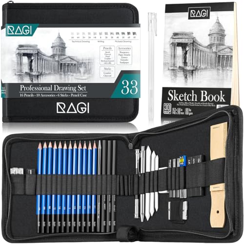 RAGI Zeichnen und Skizzieren Bleistift-Set - 35 Elemente - Für Anfänger und Profis, Kinder und Erwachsene - Graphitstifte, Zeichenkohlen und schwarze Kohlen - Im schwarzes Federmäppchen von RAGI