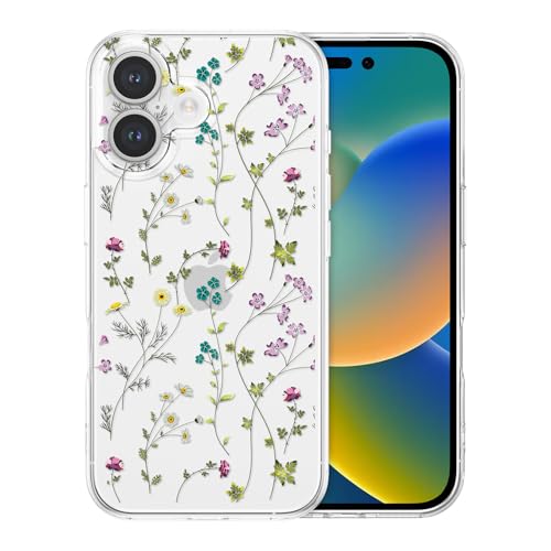 RALEAVO Blume Hülle Kompatibel mit iPhone 16 (6.1"), Klar Stoßfeste Silikon Hülle mit Niedlichen Motiv Dünne Handyhülle Kameraschutz Schutzhülle für iPhone 16-Klar von RALEAVO