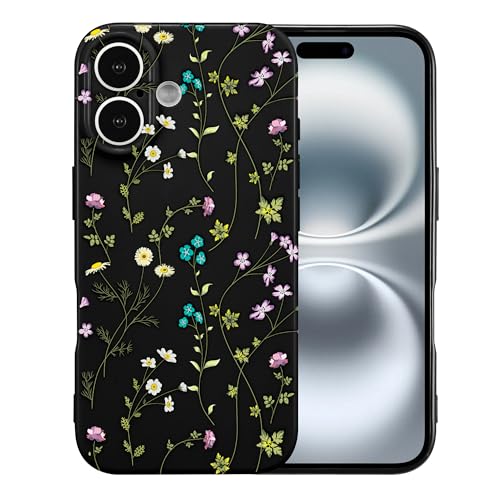 RALEAVO Blume Hülle Kompatibel mit iPhone 16 (6.1"), Stoßfeste Silikon Hülle mit Niedlichen Motiv Dünne Handyhülle Kameraschutz Schutzhülle für iPhone 16-Schwarz von RALEAVO