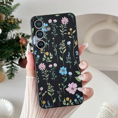 RALEAVO Blumen Handyhülle für Samsung Galaxy S25 Plus, Hochwertiges Flüssig Silikon Stoßfeste Schutzhülle mit niedlich Blumen, Ultra Dünn mit Microfiber Matt Hülle für Samsung S25 Plus-Schwarz/Kosmos von RALEAVO