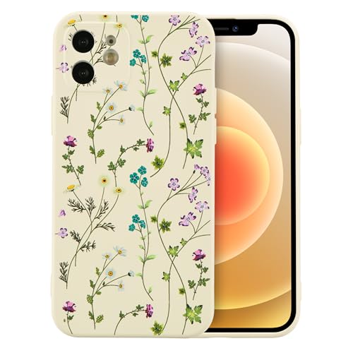 RALEAVO Blumen Handyhülle für iPhone 12, Hochwertiges Flüssig Silikon Stoßfeste Schutzhülle mit niedlichen Blumenmustern, Ultra Dünn mit Microfiber Matt Hülle für iPhone 12 6.1”-Beige von RALEAVO