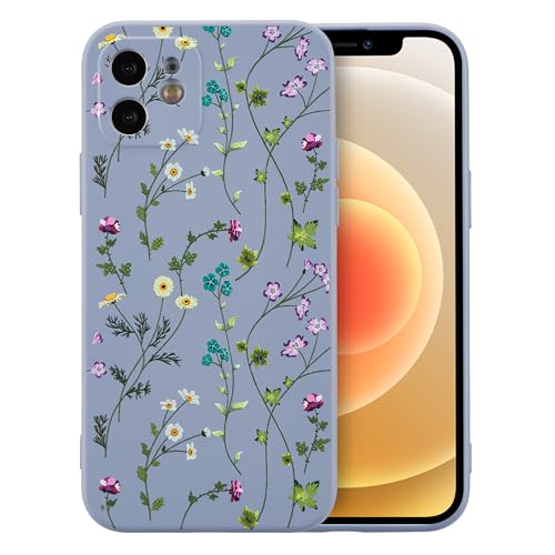 RALEAVO Blumen Handyhülle für iPhone 12, Hochwertiges Flüssig Silikon Stoßfeste Schutzhülle mit niedlichen Blumenmustern, Ultra Dünn mit Microfiber Matt Hülle für iPhone 12 6.1”-Grau von RALEAVO