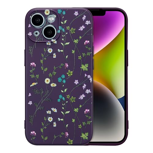 RALEAVO Blumen Handyhülle für iPhone 14, Hochwertiges Flüssig Silikon Stoßfeste Schutzhülle mit niedlichen Blumenmustern, Ultra Dünn mit Microfiber Matt Hülle für iPhone 14-Lila von RALEAVO
