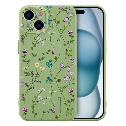 RALEAVO Blumen Handyhülle für iPhone 15, Hochwertiges Flüssig Silikon Stoßfeste Schutzhülle mit niedlichen Blumenmustern, Ultra Dünn mit Microfiber Matt Hülle für iPhone 15 6.1”-Grün von RALEAVO