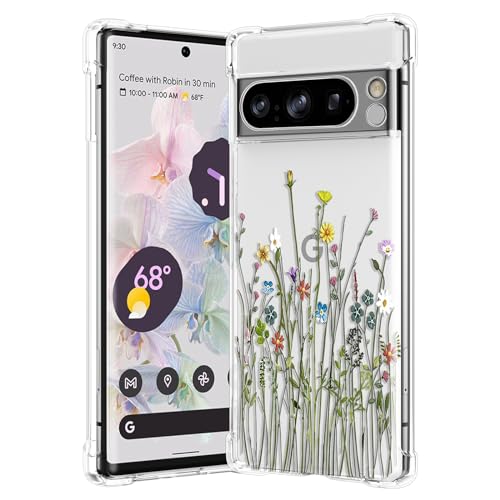 RALEAVO Kompatibel mit Google Pixel 8 Pro Handyhülle Transparent Blume Hülle Mädchen Muster Stoßfest Hülle mit Schön Motiv für Pixel 8 Pro-Blumenwiese von RALEAVO