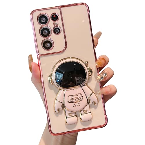 RALEAVO Kompatibel mit Samsung Galaxy S21 Ultra 5G Hülle mit niedlichem Astronautenständer-Design, stoßfeste Beschichtung, Handyhülle für Galaxy S21 Ultra-Pink von RALEAVO