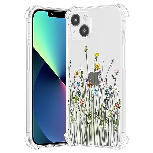 RALEAVO Kompatibel mit iPhone 13 (6.1") Handyhülle Transparent Blume Hülle Mädchen Muster Stoßfest Hülle mit Schön Motiv für iPhone 13-Blumenwiese von RALEAVO