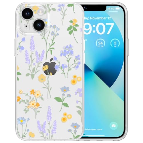 RALEAVO Kompatibel mit iPhone 13 Hülle, Klare Blumen Handyhülle für Mädchen, Weiches Silikon Stoßfest Schützende Bumper Handyhülle mit Niedlich Blumen Muster für iPhone 13 - Lila von RALEAVO