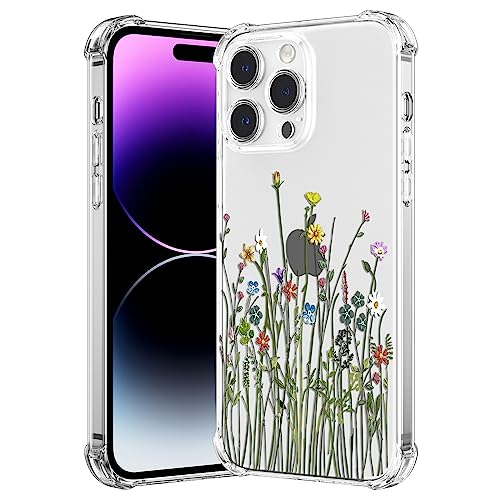 RALEAVO Kompatibel mit iPhone 14 Pro (6.1") Handyhülle Transparent Blume Hülle Mädchen Muster Stoßfest Hülle mit Schön Motiv für iPhone 14 Pro-Blumenwiese von RALEAVO