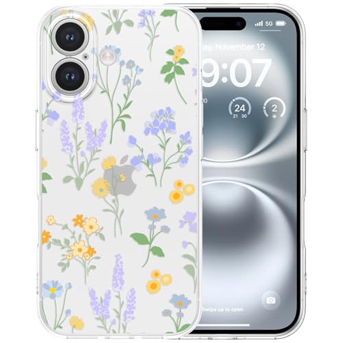 RALEAVO Kompatibel mit iPhone 16 Hülle, Klare Blumen Handyhülle für Mädchen, Weiches Silikon Stoßfest Schützende Bumper Handyhülle mit Niedlich Blumen Muster für iPhone 16 - Lila von RALEAVO