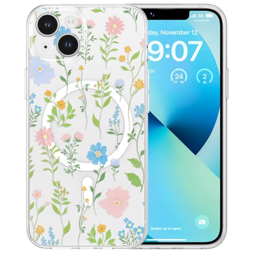 RALEAVO Magnetisch Hülle für iPhone 13 6,1 Zoll Kompatibel mit MagSafe Kabellosem Laden, Silikon Niedlich Blumen Hülle Transparent Stoßfest Schutzhülle für iPhone 13-Rosa von RALEAVO