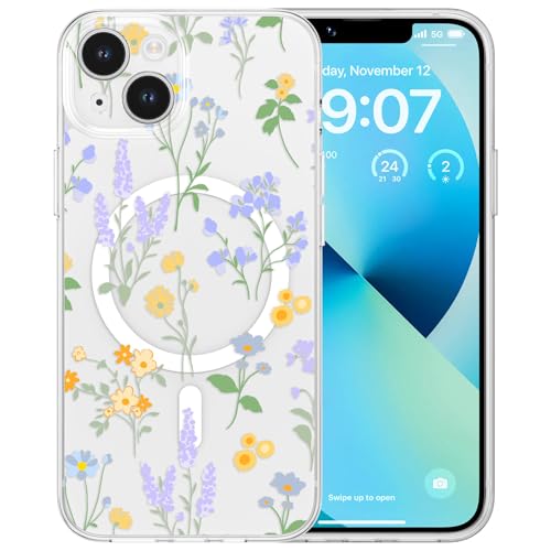 RALEAVO Magnetisch Hülle für iPhone 13 6,1 Zoll Kompatibel mit MagSafe Kabellosem Laden, Silikon Niedlich Blumen Hülle Transparent Stoßfest Schutzhülle für iPhone 13-Lila von RALEAVO