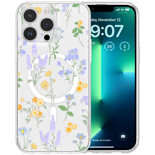 RALEAVO Magnetisch Hülle für iPhone 13 Pro 6,1 Zoll Kompatibel mit MagSafe Kabellosem Laden, Silikon Niedlich Blumen Hülle Transparent Stoßfest Schutzhülle für iPhone 13 Pro-Lila RALEAVO Magnetisch Hülle für iPhone 13 Pro 6,1 Zoll Kompatibel mit MagSafe Kabellosem Laden, Silikon Niedlich Blumen Hülle Transparent Stoßfest Schutzhülle für iPhone 13 Pro-Lila von RALEAVO