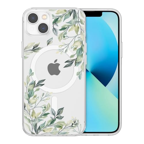 RALEAVO Magnetisch Hülle für iPhone 15 Plus 6,7 Zoll Kompatibel mit MagSafe Kabellosem Laden, Silikon Niedlich Blumen Hülle Transparent Stoßfest Schutzhülle für iPhone 15 Plus-Blätter von RALEAVO
