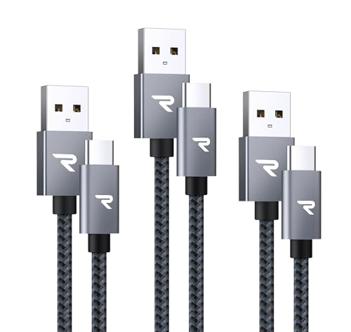 RAMPOW USB C Kabel, [3Pack 1M+1M+2M] USB C ladekabel, 3A ladekabel iPhone 15 Schnellladekabel USB C QC 3.0, Ladekabel USB C für iPhone 15/15 Pro, Samsung Galaxy S22/S21/S20/Note10 - Grau, Nylon von RAMPOW