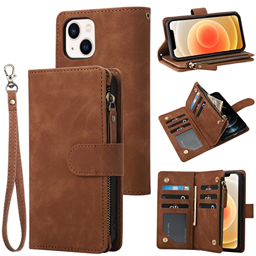 RANYOK Brieftaschen-Schutzhülle kompatibel mit iPhone 13 (6,1 Zoll), Premium-PU-Leder, Reißverschluss, Flip-Folio-Brieftasche, RFID-Blockierung, mit Handschlaufe, Magnetverschluss, eingebauter von RANYOK