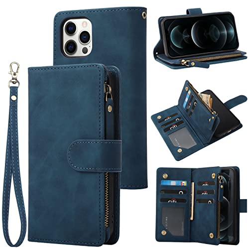 RANYOK Schutzhülle für iPhone 11 Pro (5,8 Zoll), Premium-PU-Leder, Reißverschluss, Flip-Folio-Brieftasche, RFID-Blockierung, mit Handschlaufe, Magnetverschluss, eingebauter Ständer, Blau von RANYOK