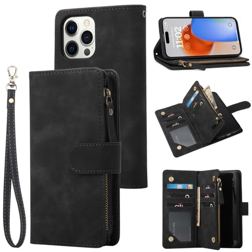 RANYOK Schutzhülle für iPhone 15 Pro mit RFID-blockierendem Kreditkartenhalter, Premium-PU-Leder [Reißverschlusstasche] Flip Folio Case Wallet mit Handschlaufe Kickstand Schutzhülle 6,1 Zoll (15,4 cm) von RANYOK