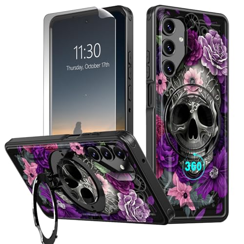 RAUEDWDJS Schutzhülle für Samsung Galaxy A14 5G, Galaxy A14 4G, 16,8 cm (6,6 Zoll), mit Displayschutzfolie, um 360° drehbarer Ringhalter, Ständer, robuste, stoßfeste Schutzhülle, violetter Totenkopf von RAUEDWDJS