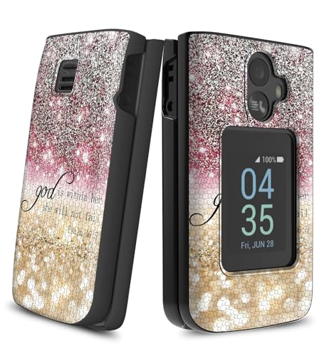 RAUEDWDJS TCL Flip 3 Handyhülle mit Displayschutzfolie, zweilagig, Hybrid-Hartschale aus Polycarbonat und weichem TPU, stoßfeste Schutzhülle für T435 (2024), rosa Glitzer, Psalm 46:5 von RAUEDWDJS