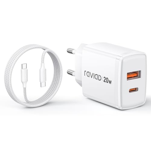 RAVIAD 20W USB C Ladegerät mit USB C Kabel 2M, [USBC + USBA] Schnellladegerät, Handy Netzteil Typ C mit 2-Port, Kompatibel mit iPhone 16 15 Pro Max, Samsung Galaxy S25 S24 S23 Ultra von RAVIAD