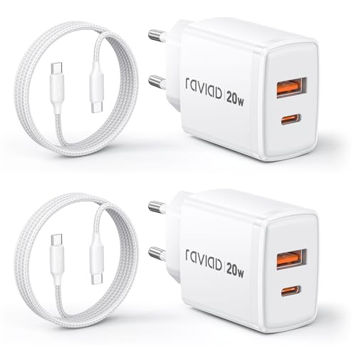 RAVIAD 20W USB C Ladegerät 2-Pack, [USBC + USBA] Schnellladegerät mit USB C Kabel 2M, Handy Netzteil Typ C mit 2-Port, Kompatibel mit iPhone 16 15 Pro Max, Samsung Galaxy S25 S24 S23 Ultra von RAVIAD