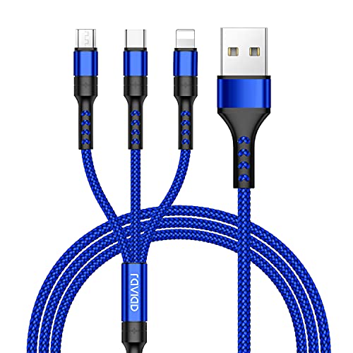 RAVIAD Multi USB Kabel, Universal Ladekabel [1.2M] Nylon Schnell 3 in 1 Mehrfach mit Micro USB Typ C Lightning, für iPhone, Android Galaxy, Huawei, Oneplus, LG, HTC- Blau von RAVIAD