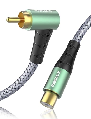 RAWAUX Cinch Verlängerung Kabel 1M, 90 Grad Gewinkelt Cinch Audiokabel Stecker zu Buchse Stereo Subwoofer Kabel für Verstärker, Lautsprecher, Soundbar, Heimkino und HiFi Systeme von RAWAUX