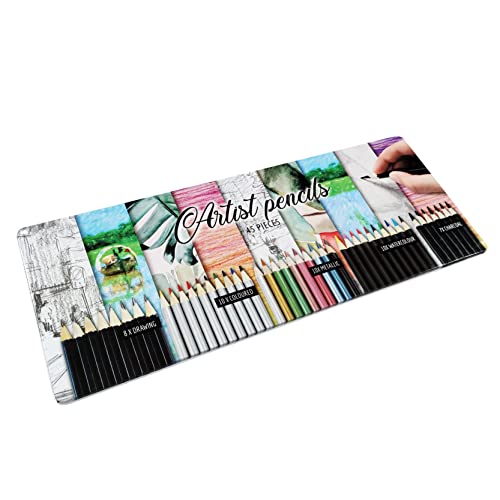 RAYLU PAPER® - 45 Buntstifte in Metallbox, Zeichenset mit Holzstiften inklusive Buntstifte, Metallic, Aquarell- und Graphitstifte für Kinder und Erwachsene (45 Stück) von RAYLU PAPER