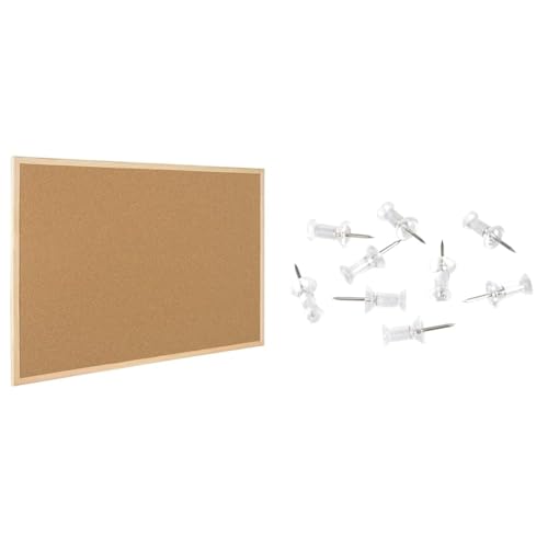 Raylu Paper® - Natürliche Korkplatte mit Rahmen aus Kiefernholz, Pinnwand mit Montageset. (60 x 40 cm) & Amazon Basics Reißzwecken, transparenter Kunststoff-Kopf, Stahlspitze, 100 Stück von RAYLU PAPER
