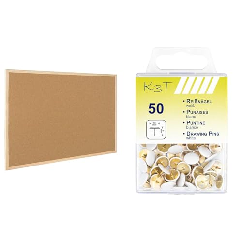 Raylu Paper® - Natürliche Korkplatte mit Rahmen aus Kiefernholz, Pinnwand mit Montageset. (60 x 40 cm) & TSI 48088 Reißnägel 50er Packung, weiß, 10mm von RAYLU PAPER