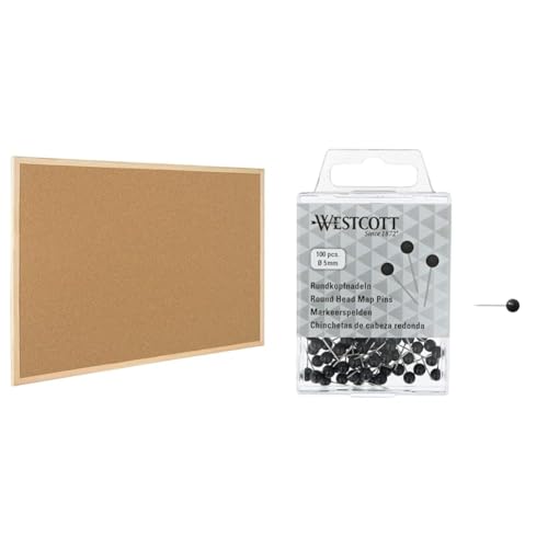 Raylu Paper® - Natürliche Korkplatte mit Rahmen aus Kiefernholz, Pinnwand mit Montageset. (60 x 40 cm) & WESTCOTT Rundkopfnadeln, 100 Stück, 5 mm Durchmesser, 16 mm lang, schwarz, E-10502 00 von RAYLU PAPER