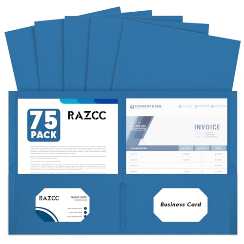 RAZCC Ordner mit zwei Taschen, 75 Stück, 2 Taschen, passend für Papier in Briefgröße, Papierordner mit Taschen für Schule, Büro, Business, Zuhause, Marineblau von RAZCC