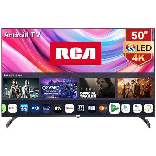 RCA RAQ50UN1 QLED Fernseher 50 Zoll (126 cm) 4K UHD Smart Android TV Aver HDR Google Assistant Dolby Audio WiFi Bluetooth YouTube Netflix Prime Video VEVO Disney+ von RCA