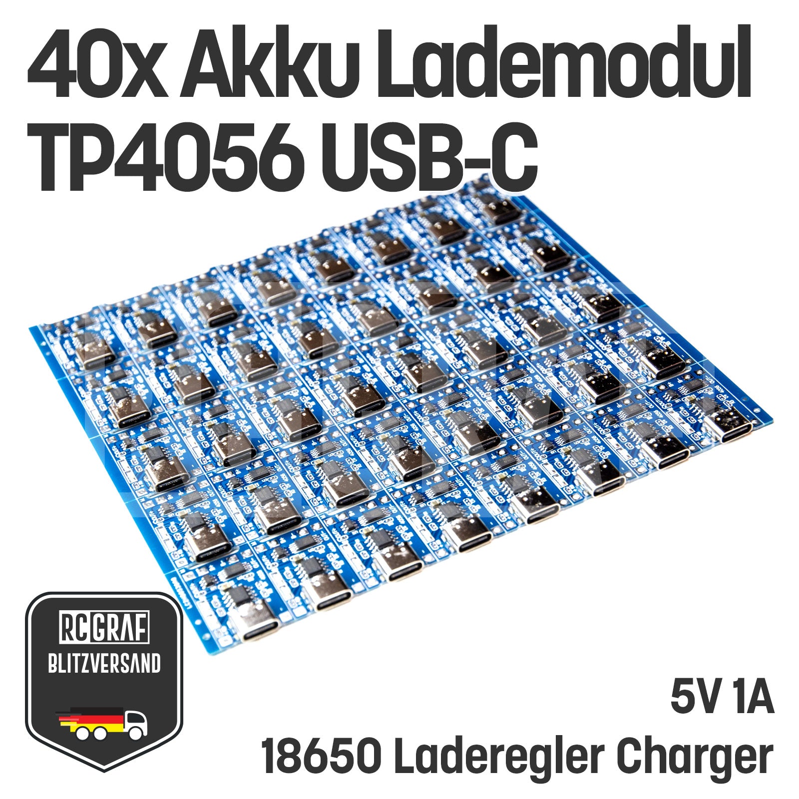 1-40x Akku Lademodul 5V 1A TP4056 USB C 18650 mit Schutzschaltung 1-40x Akku Lademodul 5V 1A TP4056 USB C 18650 mit Schutzschaltung von RCGRAF